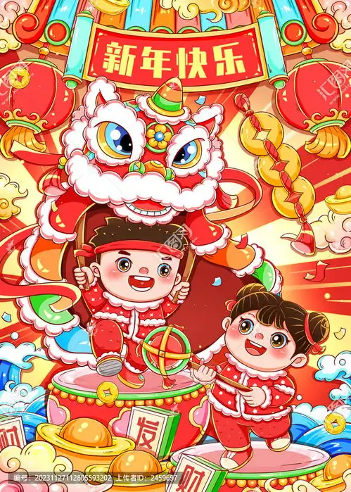 国潮新年春节醒狮舞狮福娃插画