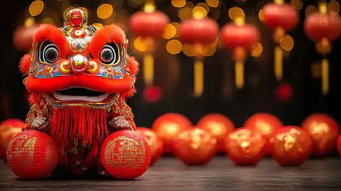 点击来源直接获取大图文件红狮子舞者手持灯笼,装饰细节丰富,周围是被中国灯笼照亮的背景由ai生成元素舞狮2025春节素材