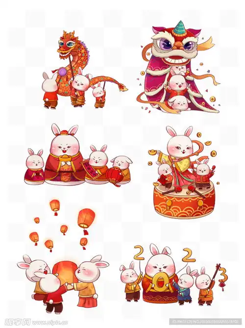 卡通兔子舞龙舞狮新春场景设计图