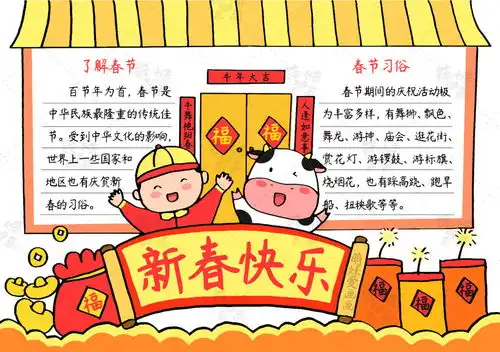 新春快乐学画简单又漂亮的春节手抄报模板,含内容文字