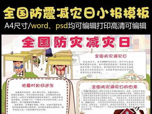 卡通全国防震减灾学生电子小报模板图片素材psd分层格式下载防震减灾手抄报大全