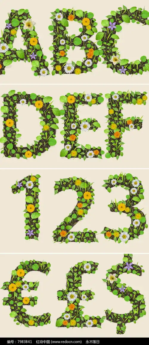 ae树叶花卉组成的字母数字包模板